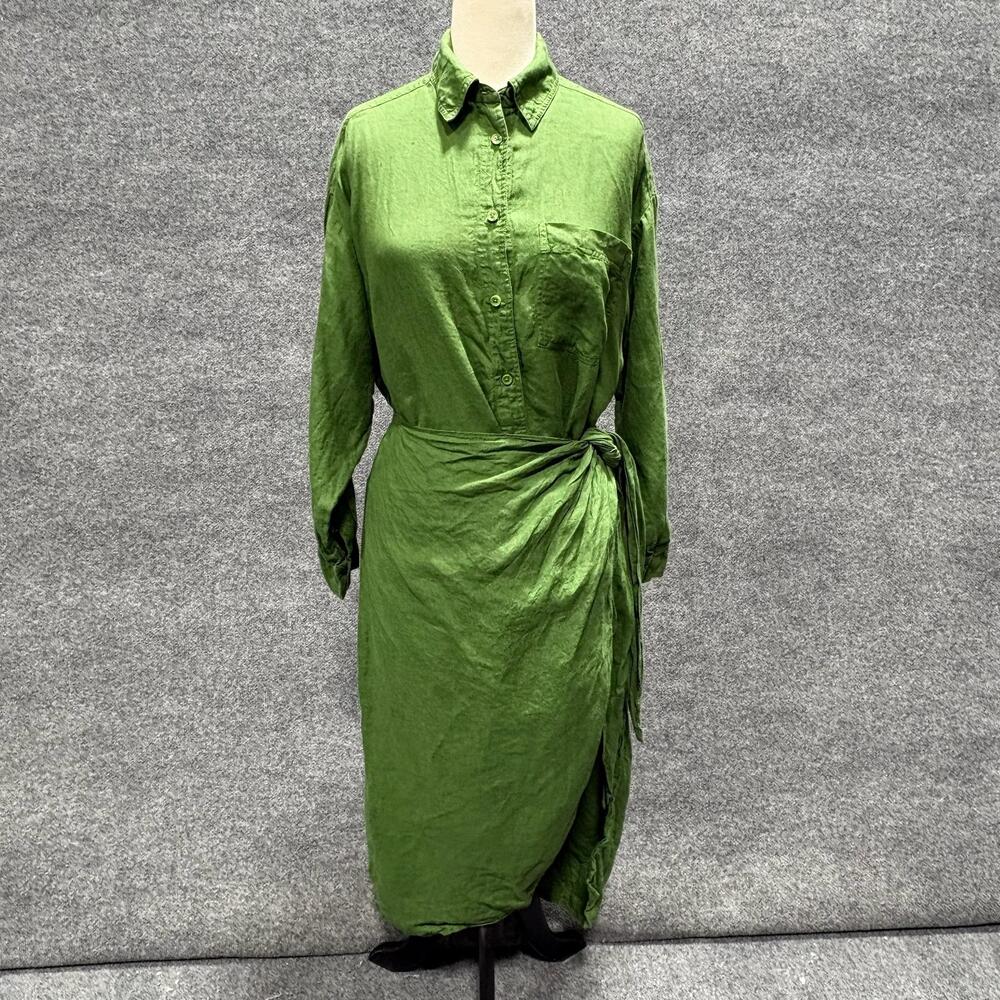 Apiece Apart Dress Womens 2 Green Linen Wrap Shirt Maxi Long Sleeve Tie Waist